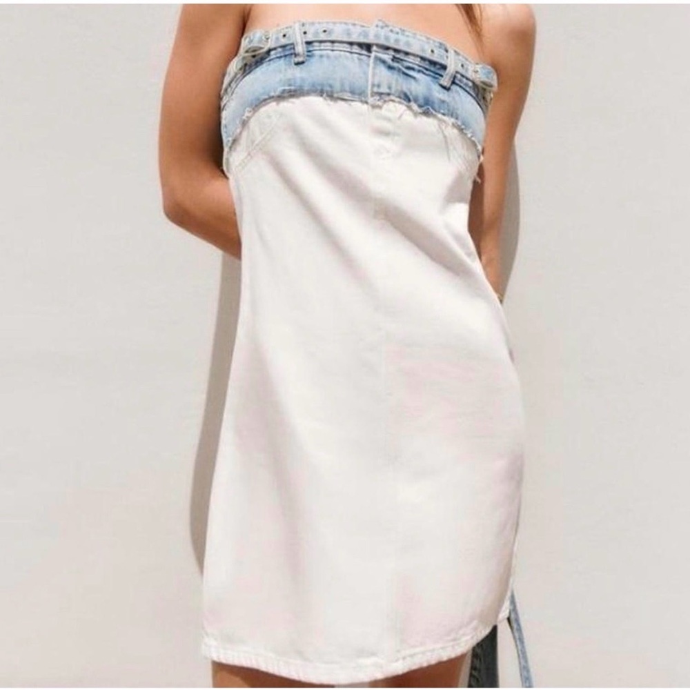 Stylish White and Blue Zara Denim Strapless Dress